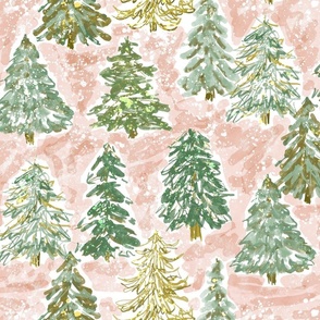 winter tree farm sketchy watercolor evergreen on pink large scale