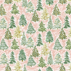 winter tree farm sketchy watercolor evergreens on pink medium scale 