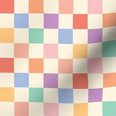 Pastel Rainbow Checkers 1" {on Ivory} One Inch Checked