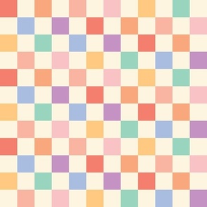 Pastel Rainbow Checkers 1" {on Ivory} One Inch Checked