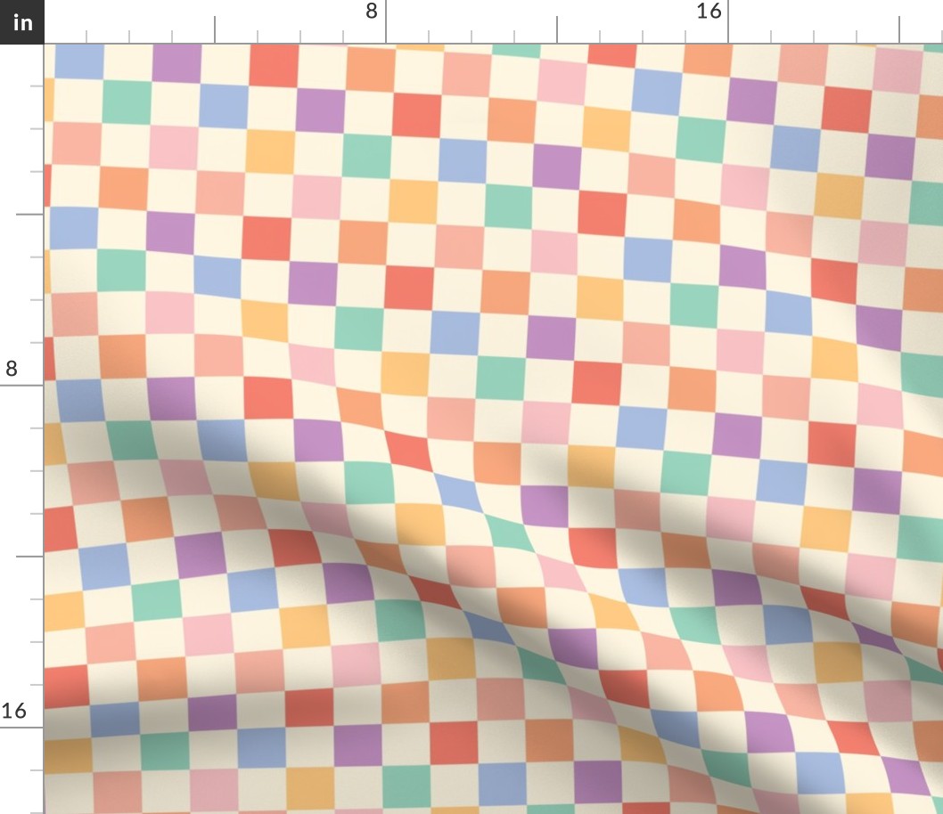 Pastel Rainbow Checkers 1" {on Ivory} One Inch Checked