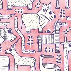 African Savanna - pink background - African, safari animals, elephants, rhinos, gorillas, lions, zebras, hippos, snakes, wild animals, geometric animals