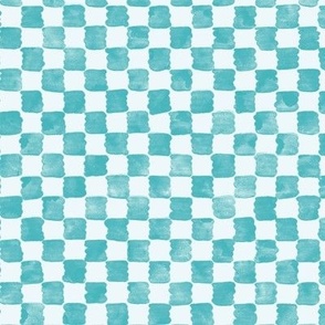 Medium scale Turquoise organic watercolor checker pattern   for wallpaper, cute soft furnishings such as cotton duvet covers, pillow shams, curtains and table linen, as well as kids apparel, dresses, shorts, shirts and more
