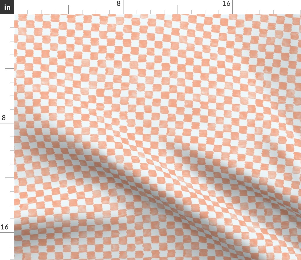 Medium scale Blushing coral apricot organic check pattern in watercolor style for wallpaper, cute soft furnishings such as cotton duvet covers, pillow shams, curtains and table linen, as well as kids apparel, dresses, shorts, shirts and more