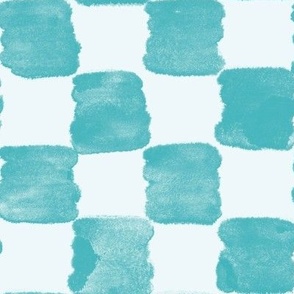 Jumbo scale Turquoise organic checkers watercolour style for wallpaper, large scale soft furnishings such as cotton duvet covers, pillow shams, curtains and table linen.