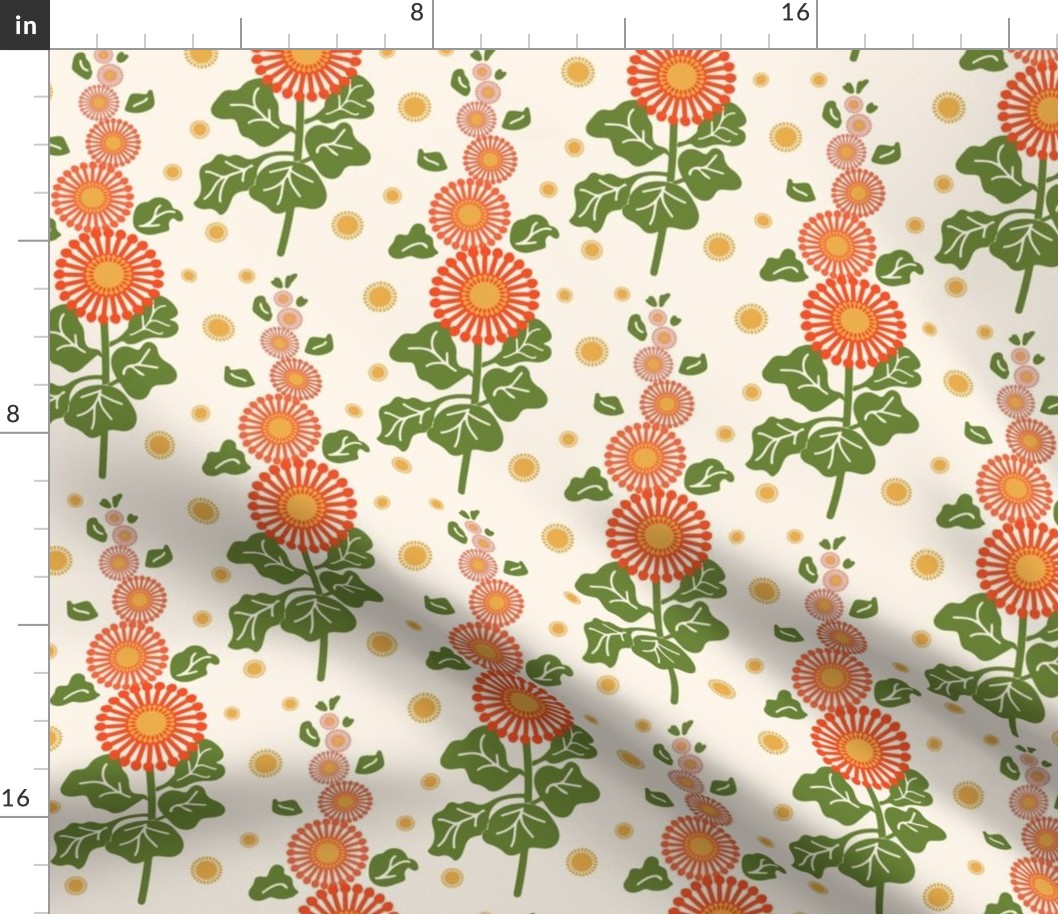 Beautiful orange hollyhock floral pattern in ombre tones, large scale for bedroom or sunroom wallpaper, fresh duvet covers and sheet sets and home accesories.  Also for patchwork and crafts