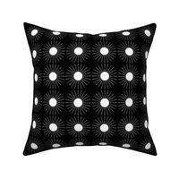 Black and white  minimalist modern sun illustration for home decor and apparel, grid drop repeat medium scale for apparel, crafting, crisp bed linen and placemats