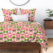 $ Large scale bubblegum pinks, palest baby lemon yellow and olive green mod semicircle on squares pattern, retro chic, vintage style, for bed linen, girly bedroom wallpaper, minimalist mod design in feminine colours. For crafting, bag making, hat making