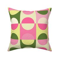 $ Large scale bubblegum pinks, palest baby lemon yellow and olive green mod semicircle on squares pattern, retro chic, vintage style, for bed linen, girly bedroom wallpaper, minimalist mod design in feminine colours. For crafting, bag making, hat making