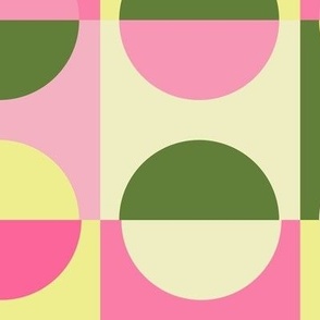 $ Large scale bubblegum pinks, palest baby lemon yellow and olive green mod semicircle on squares pattern, retro chic, vintage style, for bed linen, girly bedroom wallpaper, minimalist mod design in feminine colours. For crafting, bag making, hat making