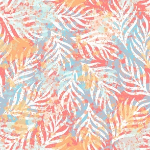 Coral palm leaves and paint splatter