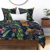 railroad larger Lazy Leopards with Australia flowers on navy 2 24 inch wide