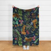 railroad larger Lazy Leopards with Australia flowers on navy 2 24 inch wide