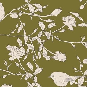 Robins Roses LARGE 12x12 -  olive green