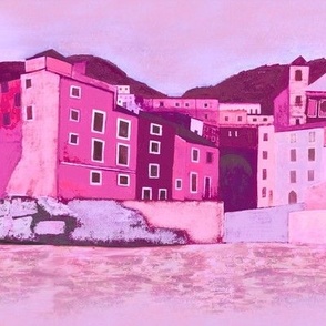 Italian town Cinque Terre red and pink tones