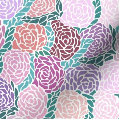 Soft color allover vintage roses with teal and turquoise leaves - large