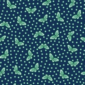 Blue and green polka dot pattern with simple butterflies all over - mid size