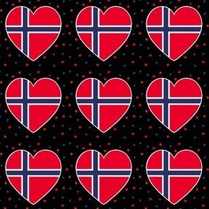 Norwegian flag hearts on black with small hearts