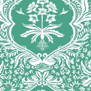 Renaissance Damask with Rabbits, Birds, Insects - teal - wallpaper