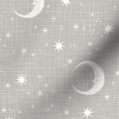 Moon and stars on linen gray, newborn baby, gender neutral baby nursery