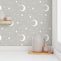 Moon and stars on linen gray, newborn baby, gender neutral baby nursery