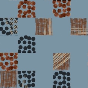 Checker of Dots and Lines in Terracotta palette on blue