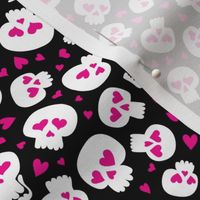 (small scale) skulls and hearts - Valentine's Day / Halloween skulls - hot pink/black - LAD22 
