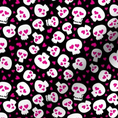 (small scale) skulls and hearts - Valentine's Day / Halloween skulls - hot pink/black - LAD22 