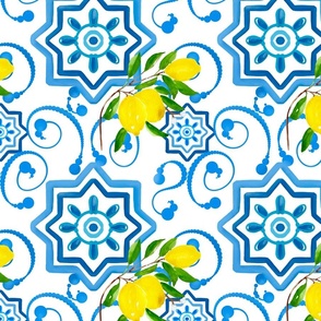 Lemons,citrus,blue,Mediterranean tiles 