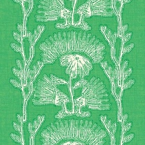 The Enchanted Forest, Mushrooms and Daisies, Block Print Lime