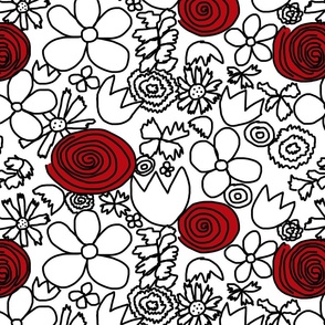 Black and White Floral with Red Roses