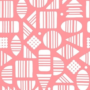 Kidult White Abstract Striped Geometrics Blocks on Salmon Pink Red by Angel Gerardo