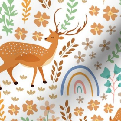 Joyful Deer Woodland Animals on White - Nursery Kids Childrens Fabric