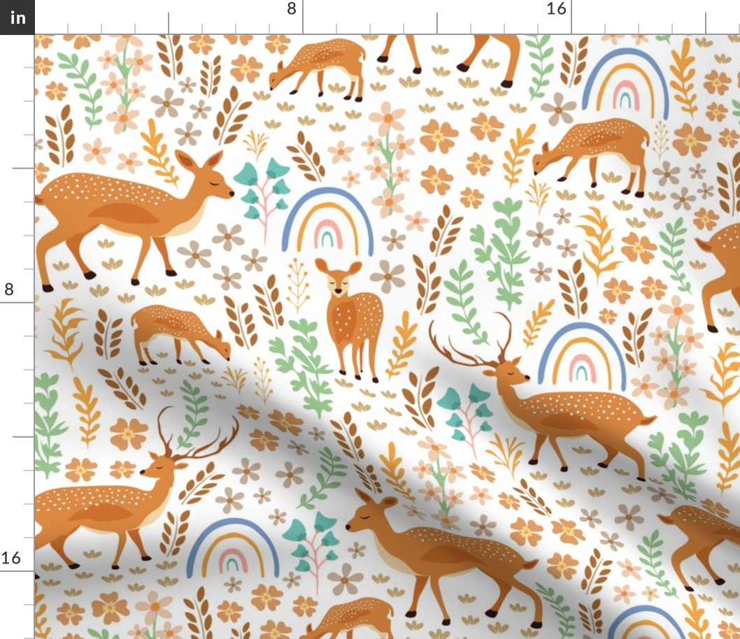 Joyful Deer Woodland Animals on White - Nursery Kids Childrens Fabric