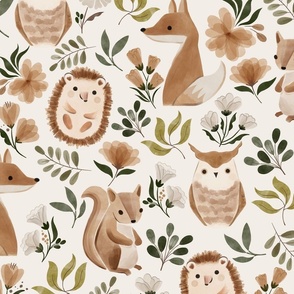 boho wild animal party - with fox owl squirrel and hedgehog - in neutral brown orchid and forest green - largest scale (5/5)