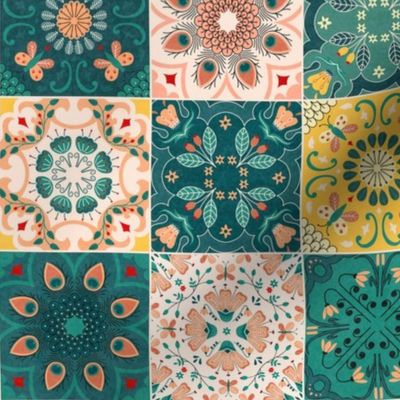 portuguese tiles or cheater quilt petrol 12inch