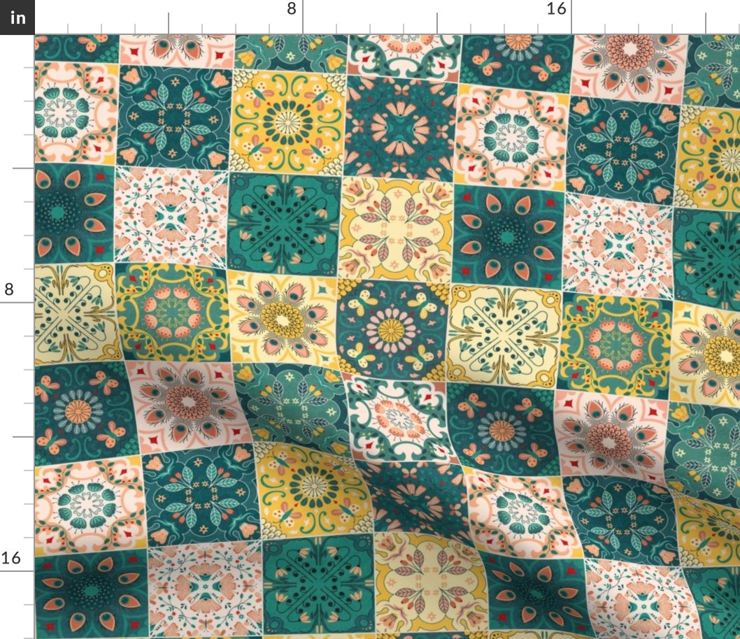 portuguese tiles or cheater quilt petrol 12inch