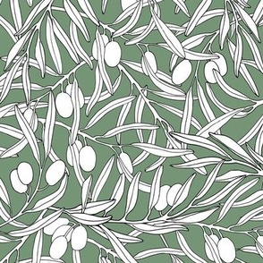 White olives branches with black outline on olive green background