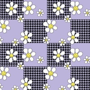Daisies smileys and houndstooth gingham design nineties retro kids print lilac yellow 