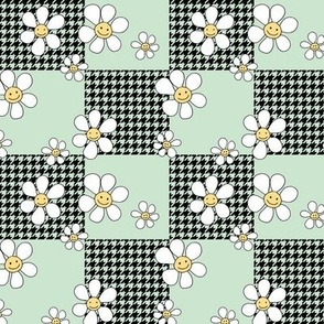 Daisies smileys and houndstooth gingham design nineties retro kids print mint green yellow 