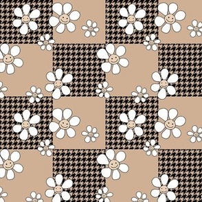 Daisies smileys and houndstooth gingham design nineties retro kids print beige tand neutral boho 