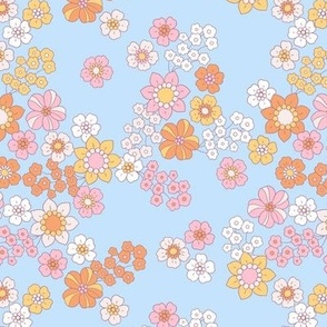 70s Pretty Floral - Scattered Floral on Blue