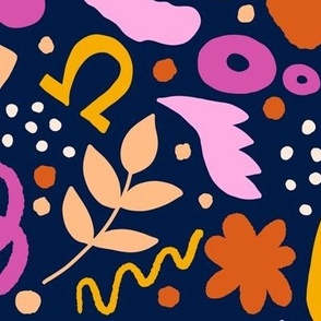 528 -medium scale abstract modern clean and simple design in the style of Matisse featuring bold orange, yellow, pink and deep navy  blue.  For bold Bedlinen , duvet covers and table linen. 