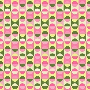 $ Small scale Ombre Pinks, palest baby yellows and olive green mod semicircle on squares pattern, retro chic, vintage style, for bed linen, girly bedroom wallpaper, minimalist mod design in feminine colours - for patchwork, quilting, crafting, bag making,