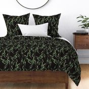Watercolor greenery plants, tropical curl liana leaves on black