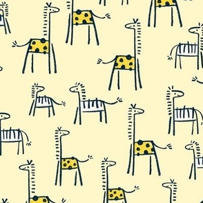[Small] Crayon giraffes and zebras - pale yellow: Childlike, expressive hand drawn playful minimal animal pattern for baby, kids, nursery
