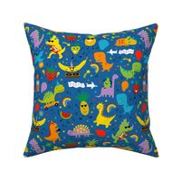 Dinosaur Fruit Party - Brights on bright blue - medium