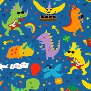 Dinosaur Fruit Party - Brights on bright blue - medium