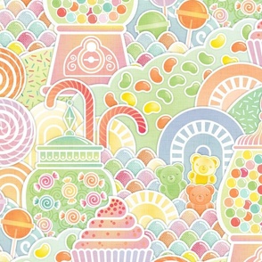 I WAAANT CAAANDY!!!!!- I Want Candy Large- Soft Pastel Rainbow Colors- Cupcake- Candy Cane- Gumball Machine- Candy Bar- Nursery Wallpaper-Kids Wallpaper- Sweet Treats- Baby- Gender Neutral