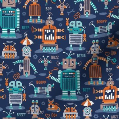 Small scale // Friendly robots // navy blue background gold drop orange teal mint light grey and brown taupe machine toys